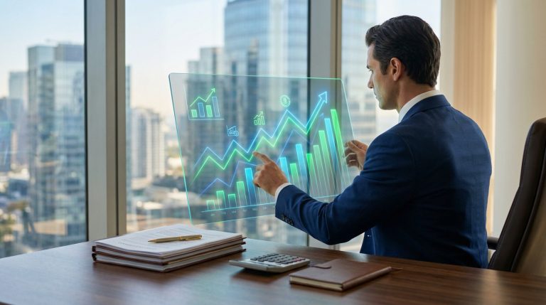 Un homme d'affaires en costume consulte des graphiques financiers holographiques devant une fenêtre avec vue sur la ville.