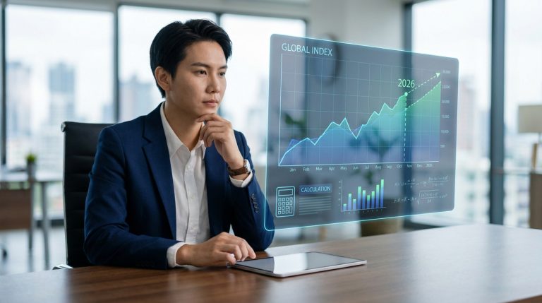 Un homme d'affaires analyse un graphique de données financières projeté sur un écran holographique virtuel.