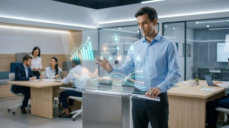 Un homme d'affaires utilisant un écran holographique avec des graphiques de performance dans un bureau moderne.