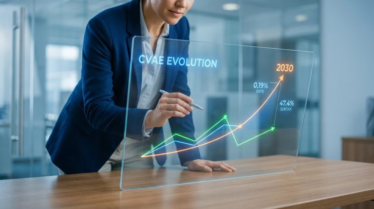 Une professionnelle utilise un écran transparent pour analyser des graphiques financiers sur l'évolution de la CVAE.