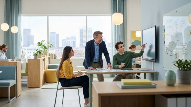 Une équipe intergénérationnelle collabore dans un bureau moderne et lumineux.