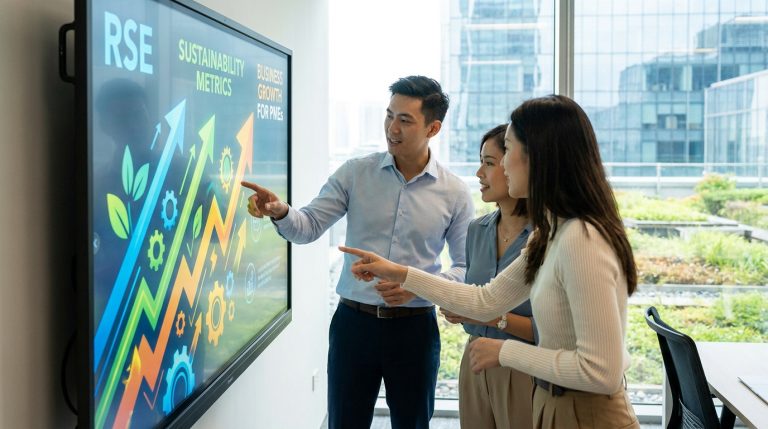 Trois collègues analysent des graphiques sur la croissance durable et la RSE sur un écran interactif en entreprise.