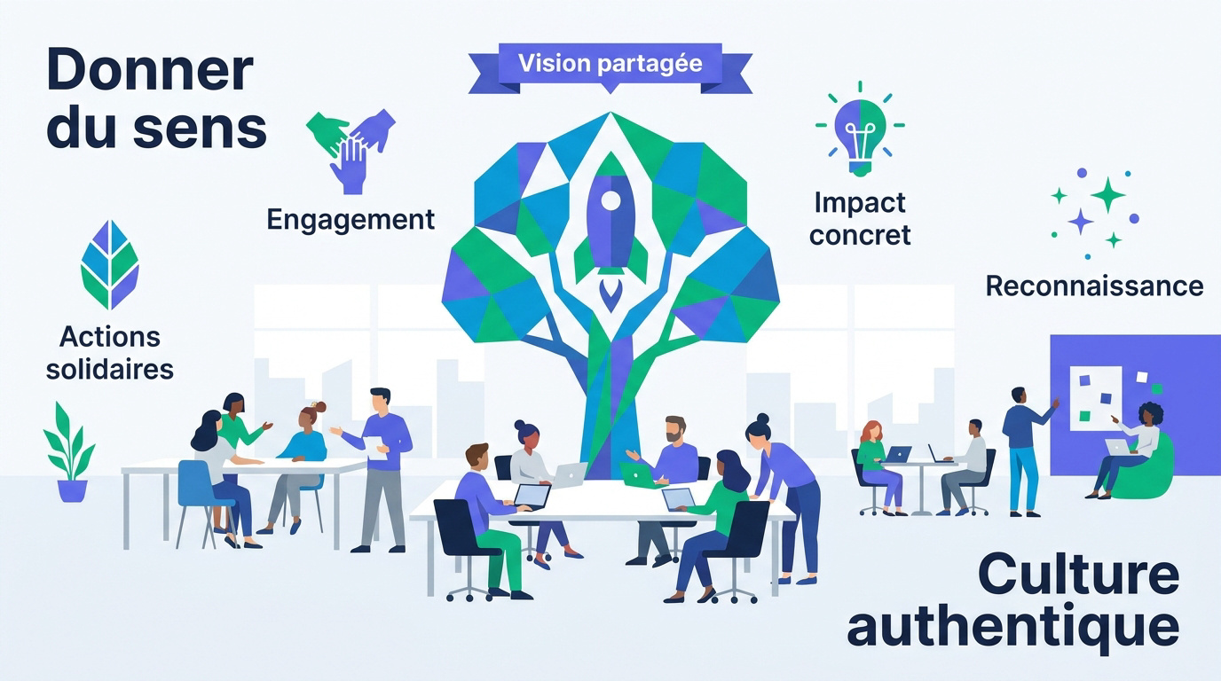 Collaborateurs engagés discutant de l'impact social et environnemental de leur entreprise