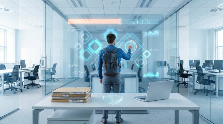 Un homme avec un sac à dos interagit avec une interface holographique futuriste dans un bureau moderne.
