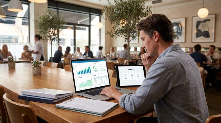 Un restaurateur analyse ses indicateurs de performance sur un ordinateur portable au sein de son établissement.