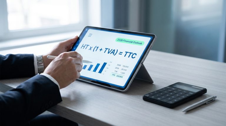 Personne utilisant une tablette affichant la formule HT x (1 + TVA) = TTC avec des graphiques financiers.