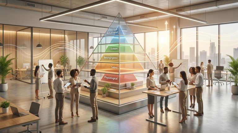 Illustration d'une pyramide de Maslow lumineuse au centre d'un bureau moderne avec des employés collaborant.