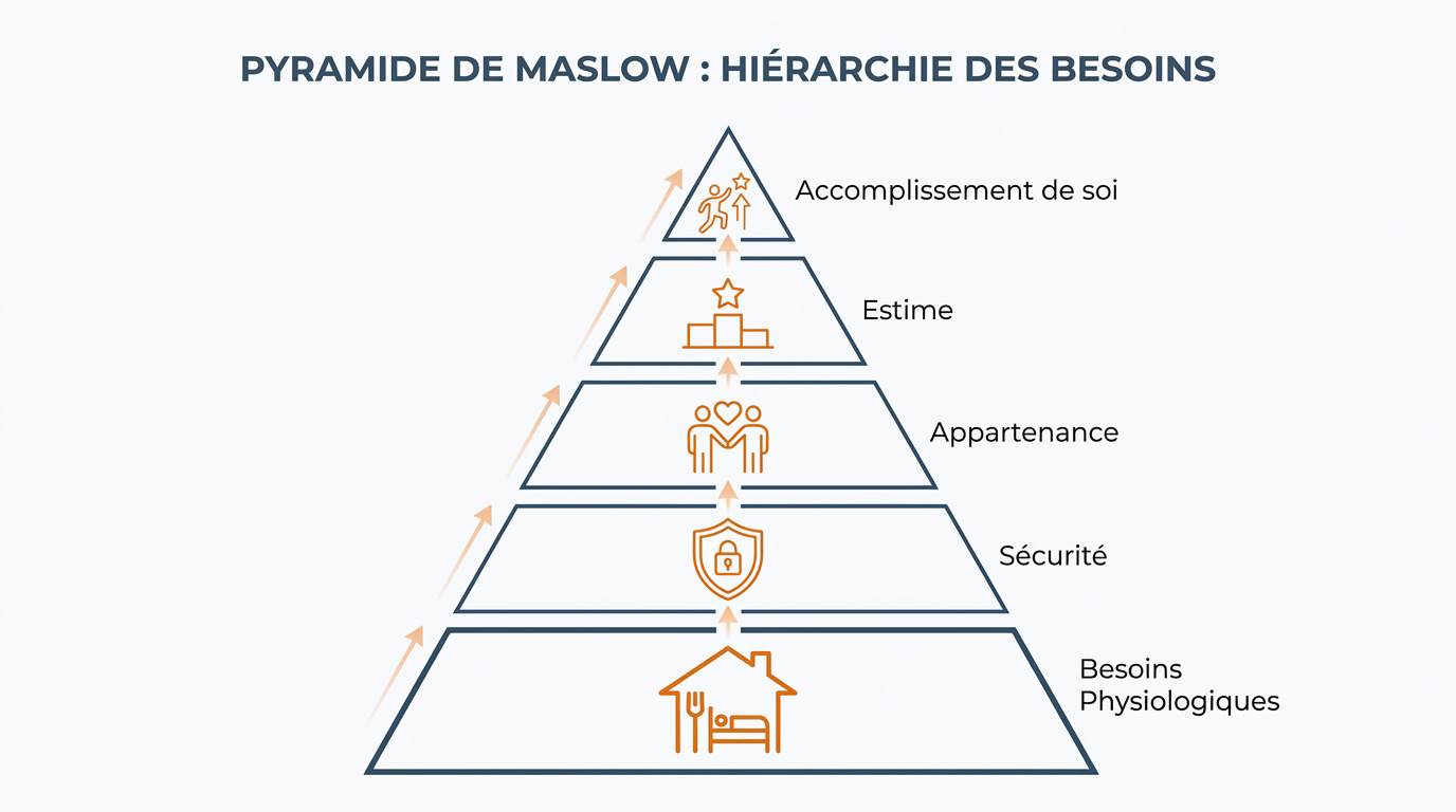 Schéma de la pyramide de Maslow représentant la hiérarchie des besoins humains