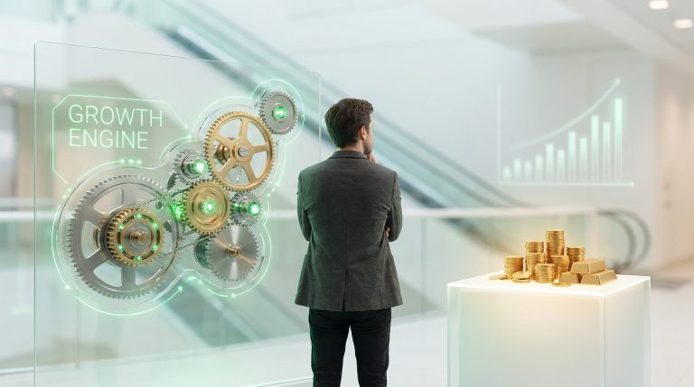 Un homme d'affaires regarde un écran holographique avec des engrenages « Growth Engine » et des piles de pièces d'or.