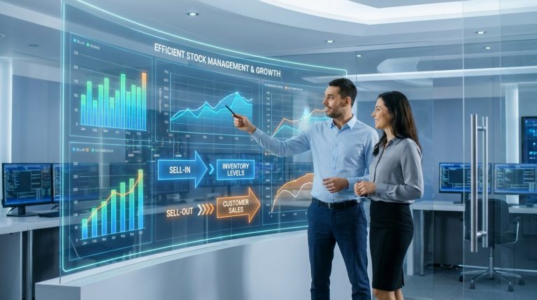 Un homme et une femme analysent des données de vente sur un écran holographique dans un bureau moderne.