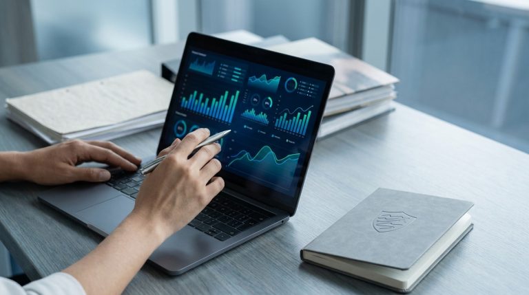 Une personne utilisant un stylo pour analyser des graphiques financiers dynamiques sur l'écran d'un ordinateur portable.