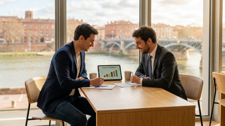 Deux hommes en réunion de travail avec une tablette affichant un graphique de croissance devant une fenêtre à Toulouse.