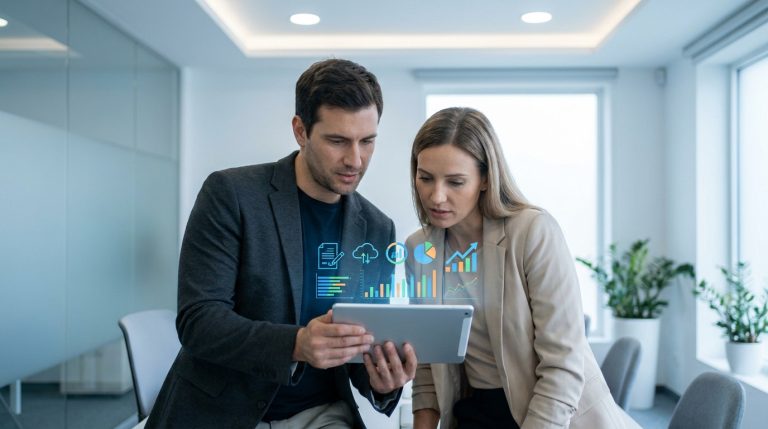 Un homme et une femme en tenue professionnelle analysent des données financières sur une tablette numérique.