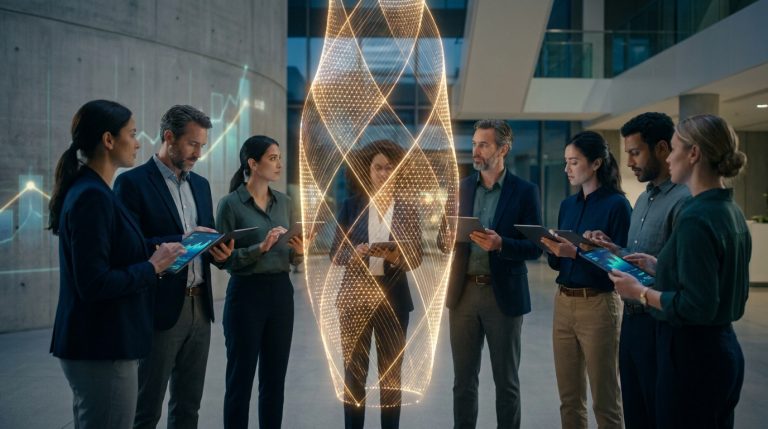 Une équipe de professionnels utilisant des tablettes autour d'une structure holographique lumineuse dans un bureau moderne.