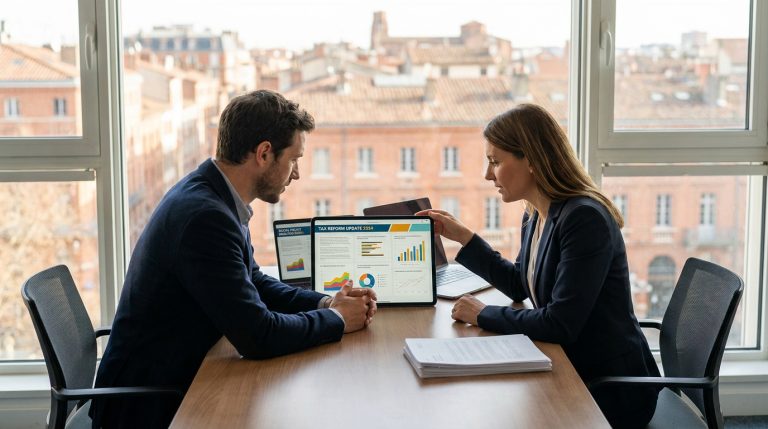 Deux professionnels en costume analysent des données chiffrées sur une tablette dans un bureau avec vue sur Toulouse.