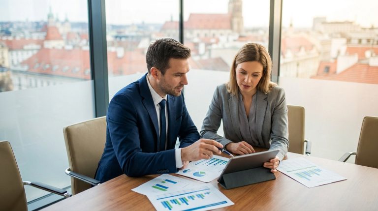 Un homme et une femme en tenue professionnelle analysent des graphiques financiers sur une tablette dans un bureau.