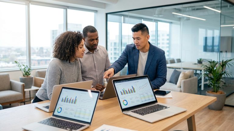 Une équipe de professionnels en réunion analysant des tableaux de bord financiers sur leurs ordinateurs.