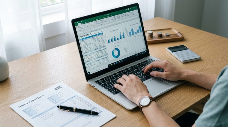Une personne travaillant sur un ordinateur portable affichant un rapport de dépenses Excel avec un formulaire papier à côté.