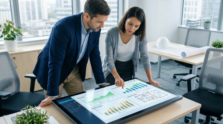 Professionnels analysant des données et plans sur une table tactile interactive dans un bureau moderne.