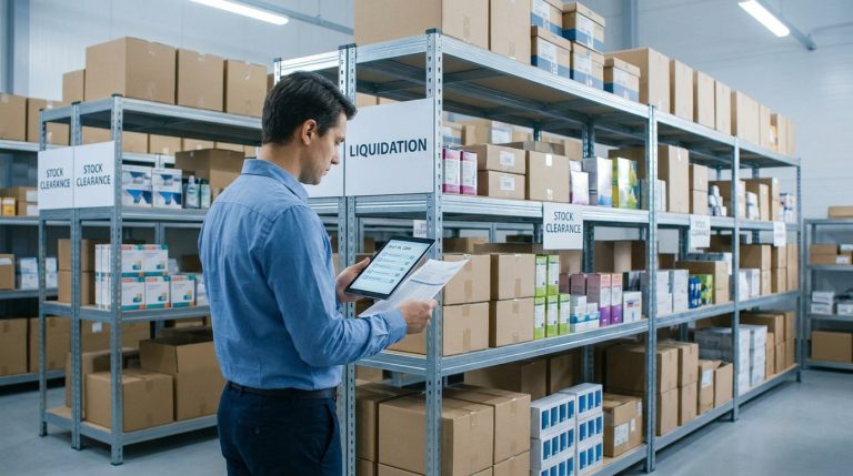 Un homme en chemise bleue consulte une tablette numérique devant des étagères remplies de cartons dans un entrepôt.