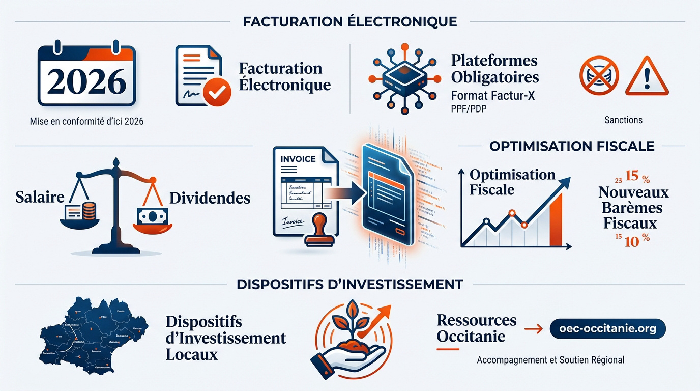 Infographie sur les étapes de la facturation électronique et l'optimisation fiscale en 2026
