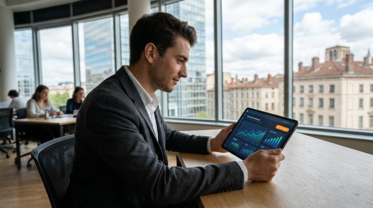 Un homme d'affaires consulte des données financières sur une tablette numérique dans un bureau moderne avec vue sur Lyon.