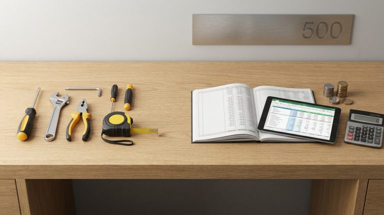 Outils de bricolage à gauche et documents comptables avec tablette à droite sur un bureau en bois.