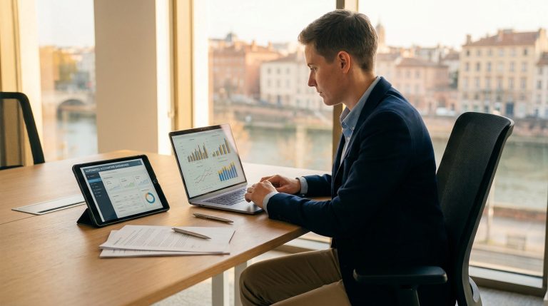 Un professionnel en costume travaillant sur un ordinateur et une tablette avec des graphiques financiers dans un bureau.