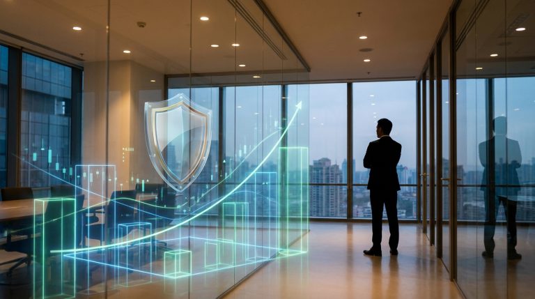 Silhouette d'un homme d'affaires observant un graphique financier holographique avec un bouclier de protection.