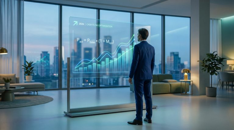 Homme d'affaires en costume regardant une formule de calcul de prix sur un écran numérique transparent.