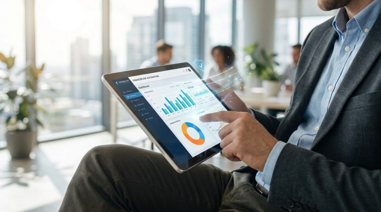 Un professionnel utilisant une tablette affichant un tableau de bord financier interactif dans un bureau lumineux.